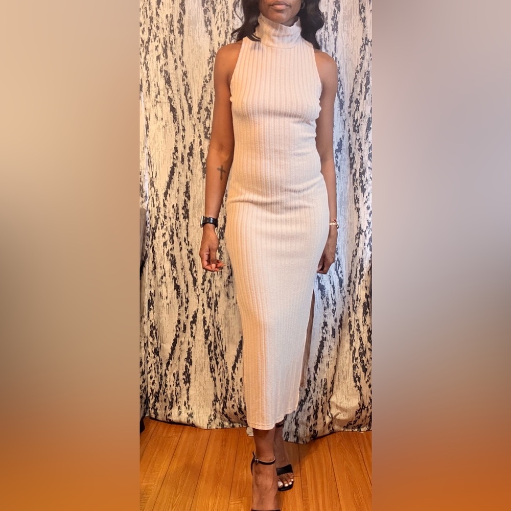 Cream Ribbed Strapless Sheath Dress